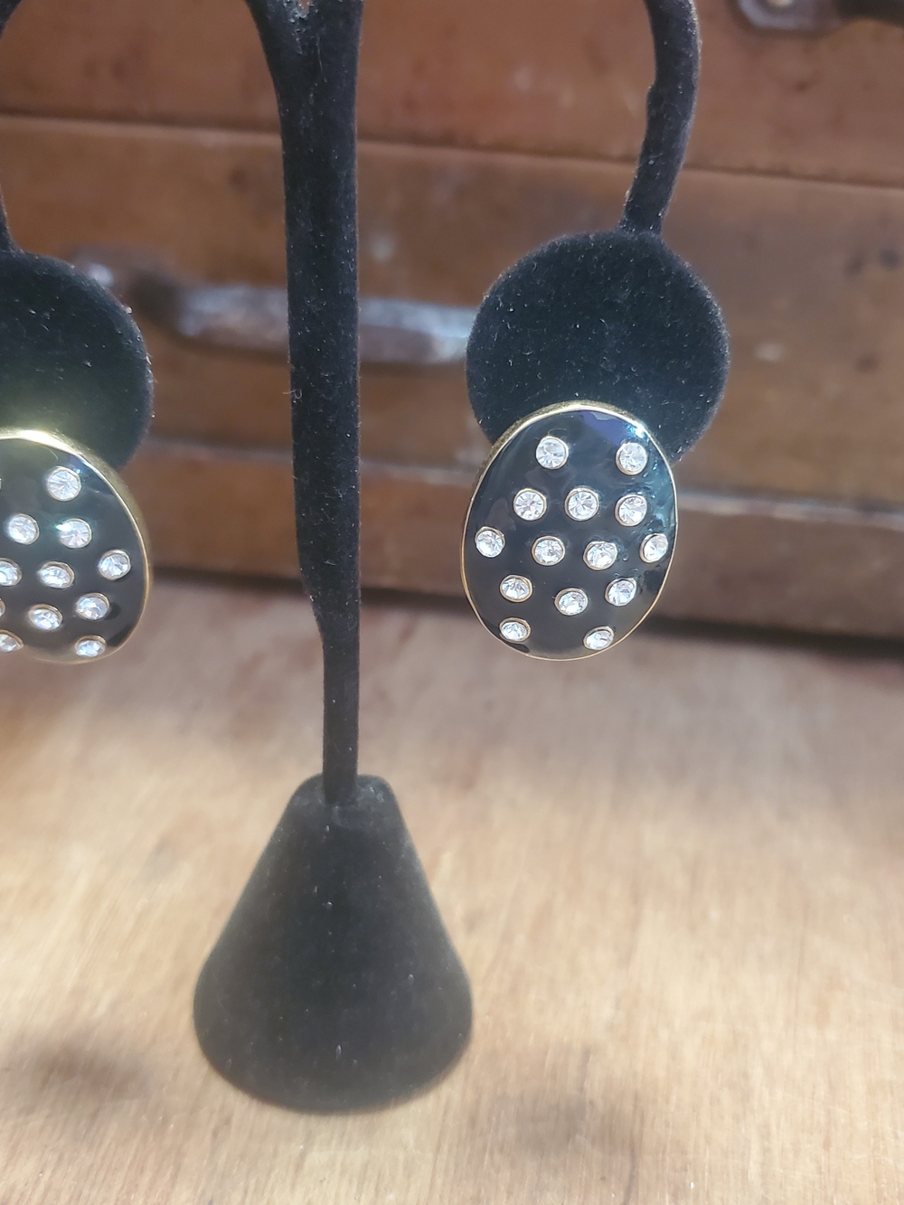 Gold-Trim Black Oval Crystal Stud Earrings